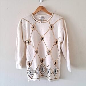 Cezanne Cotton Blend Gold Sequin Ivory Sweater